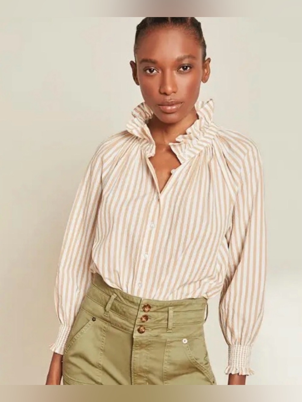 Veronica Beard Cream & Beige Striped Ruffle-Collar Button Down